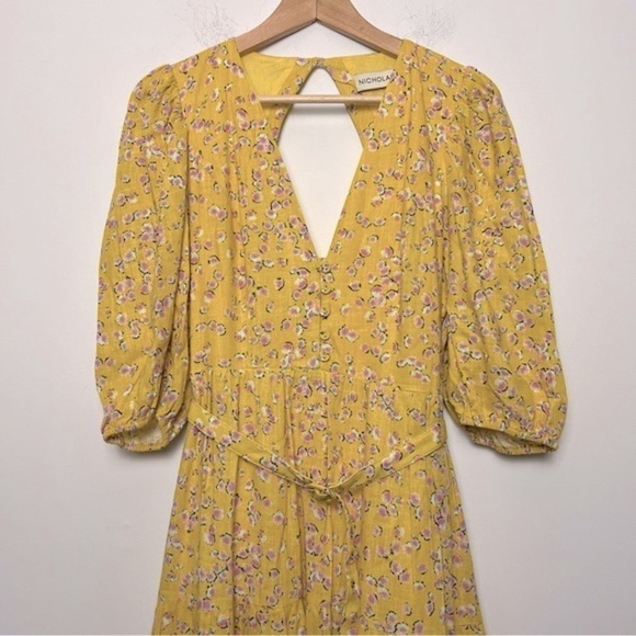 Nicholas Celie Midi Dress Hastings Floral Yellow Linen Dress Cottagecore - Picture 3 of 16